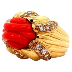 18k Yellow Gold Carved Coral & Diamond Cocktail Ring