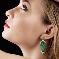 18K Yellow Gold Carved Green Jade & Emerald Statement Dangle Earrings