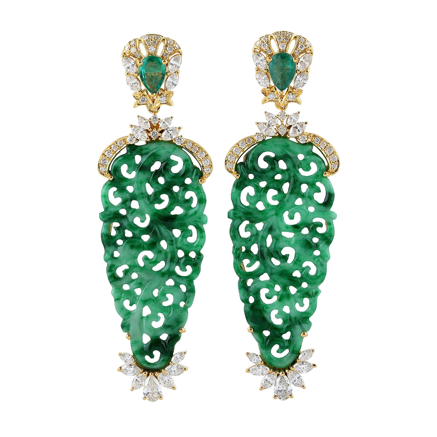 18K Yellow Gold Carved Green Jade & Emerald Statement Dangle Earrings For Sale