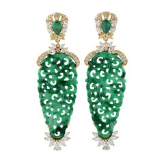 18K Yellow Gold Carved Green Jade & Emerald Statement Dangle Earrings