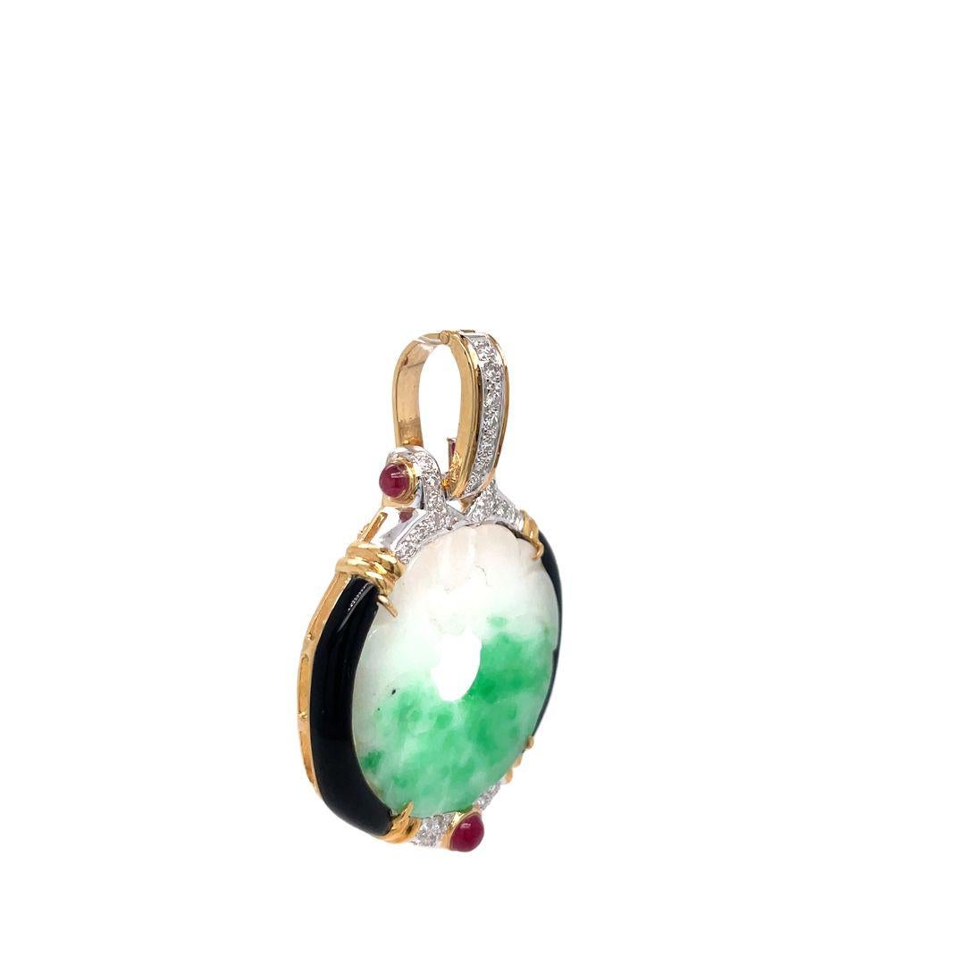 Round Cut 18k Yellow Gold Carved Jade, Diamond, Onyx Ruby Pendant Enhancer For Sale