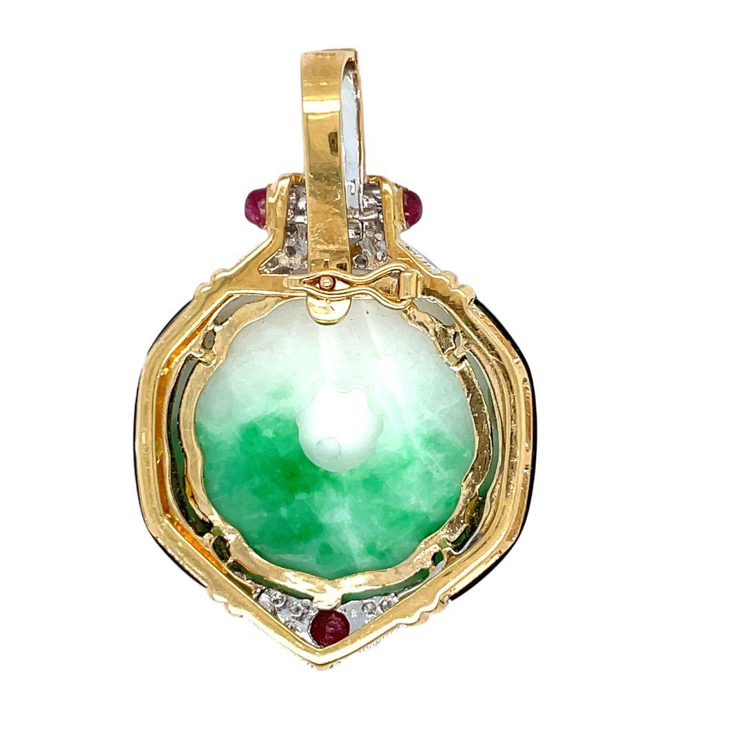 18k Yellow Gold Carved Jade, Diamond, Onyx Ruby Pendant Enhancer In Excellent Condition For Sale In beverly hills, CA