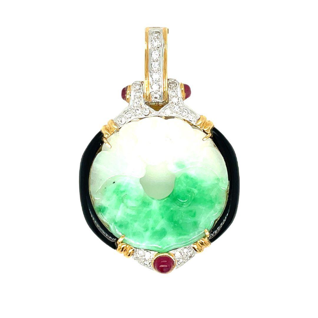 18k Yellow Gold Carved Jade, Diamond, Onyx Ruby Pendant Enhancer For Sale 1