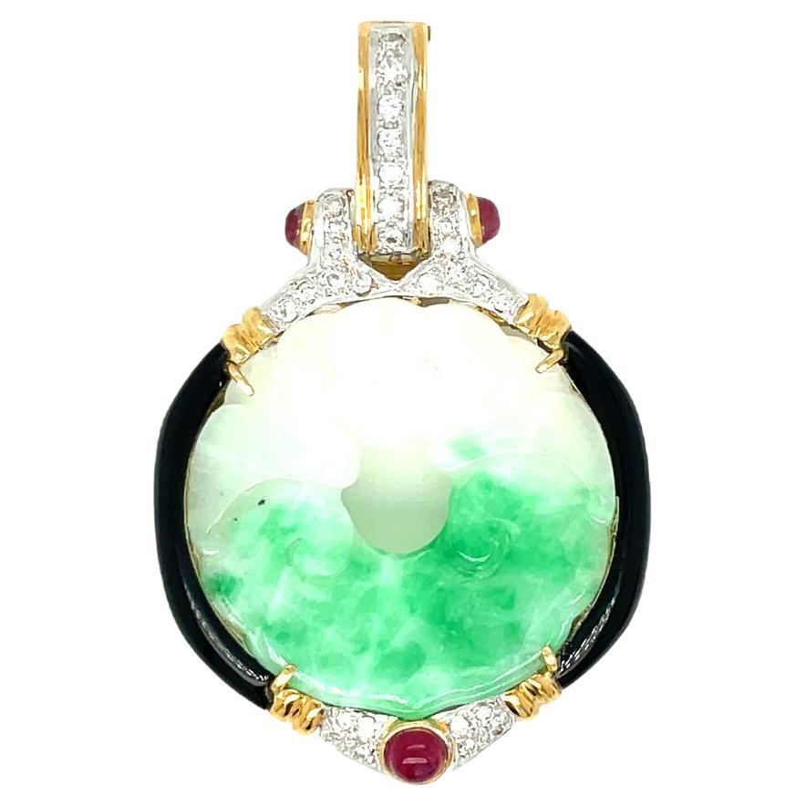 18k Yellow Gold Carved Jade, Diamond, Onyx Ruby Pendant Enhancer