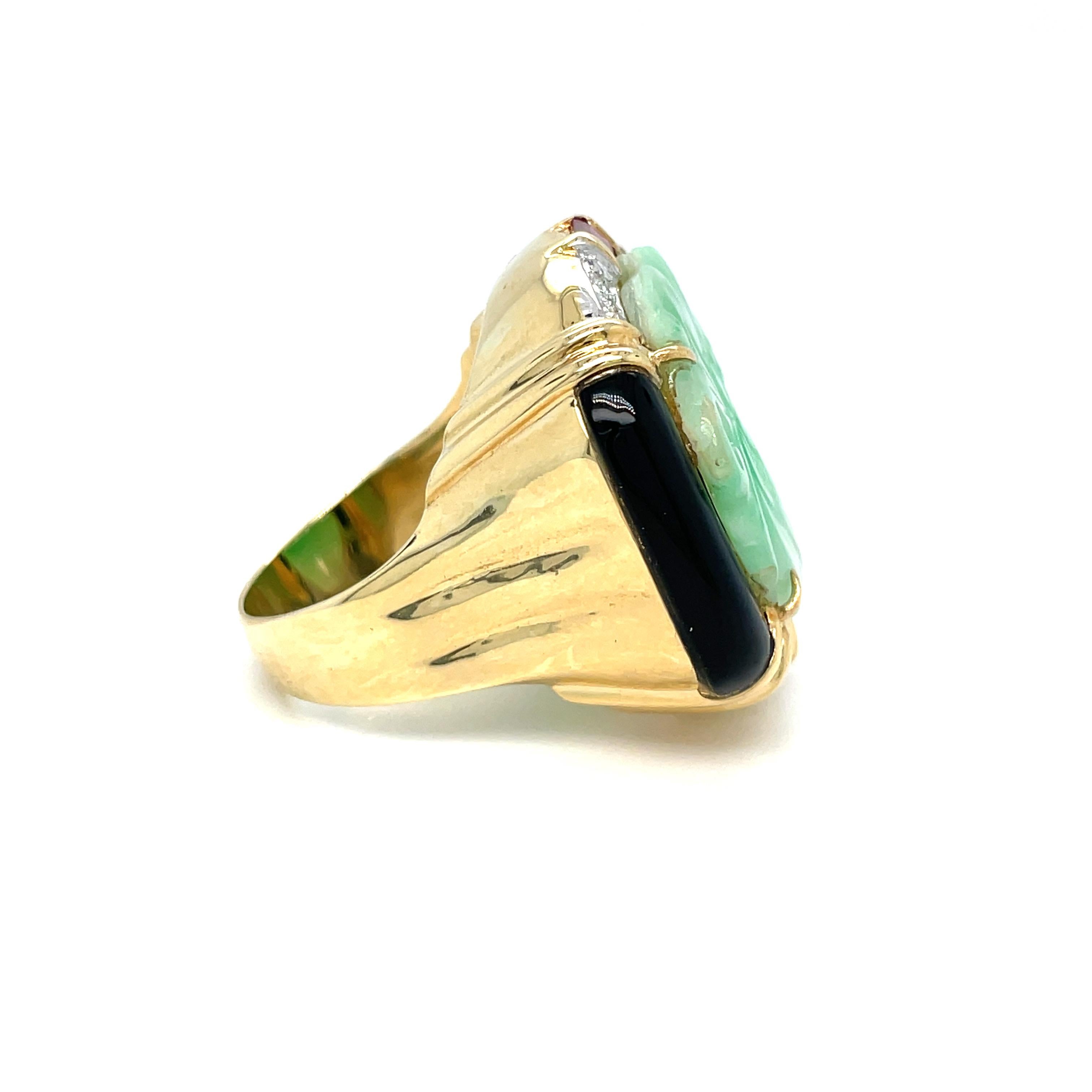 18K Yellow Gold Carved Jade, Diamond, Onyx Ruby Ring In Excellent Condition For Sale In beverly hills, CA