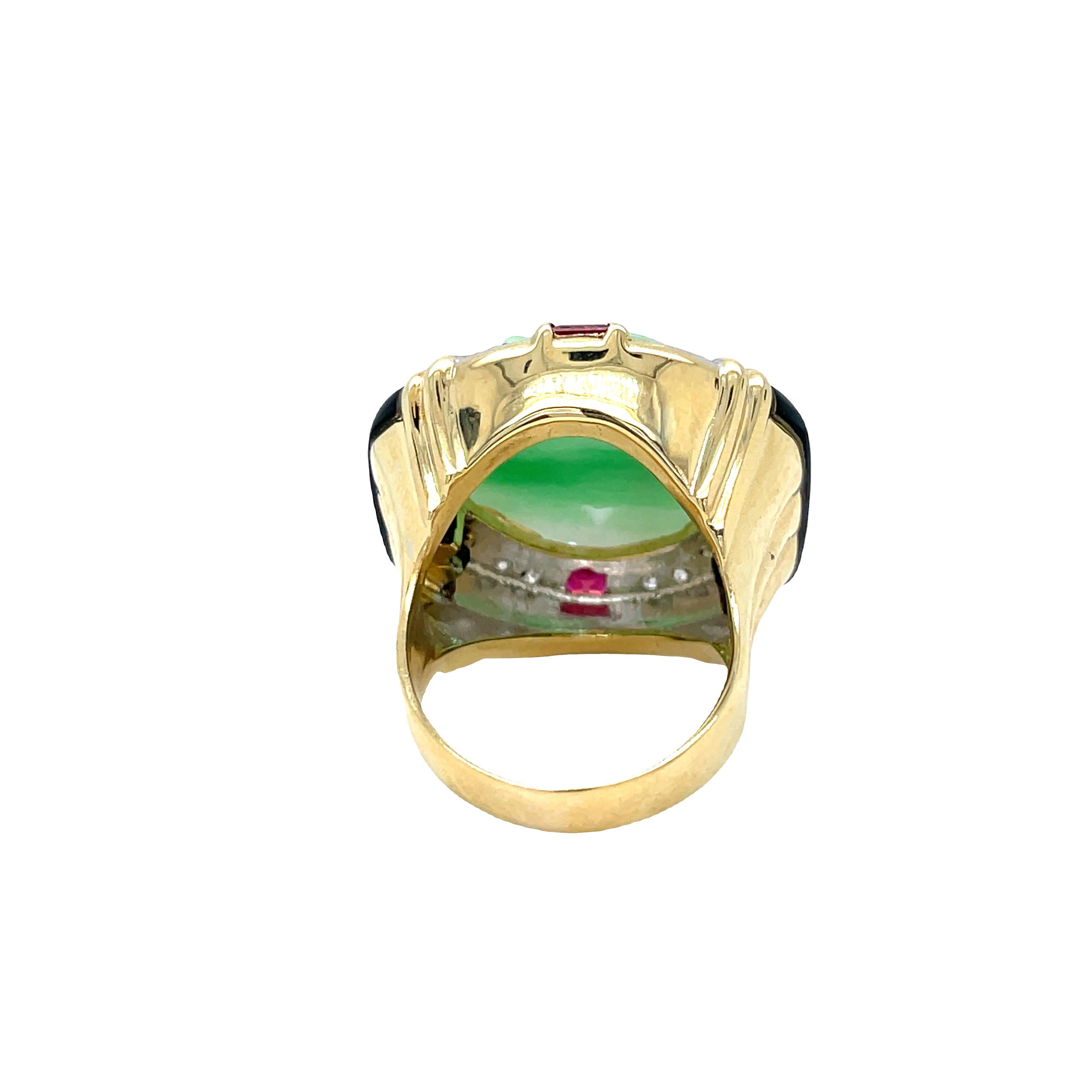 Women's 18K Yellow Gold Carved Jade, Diamond, Onyx Ruby Ring For Sale