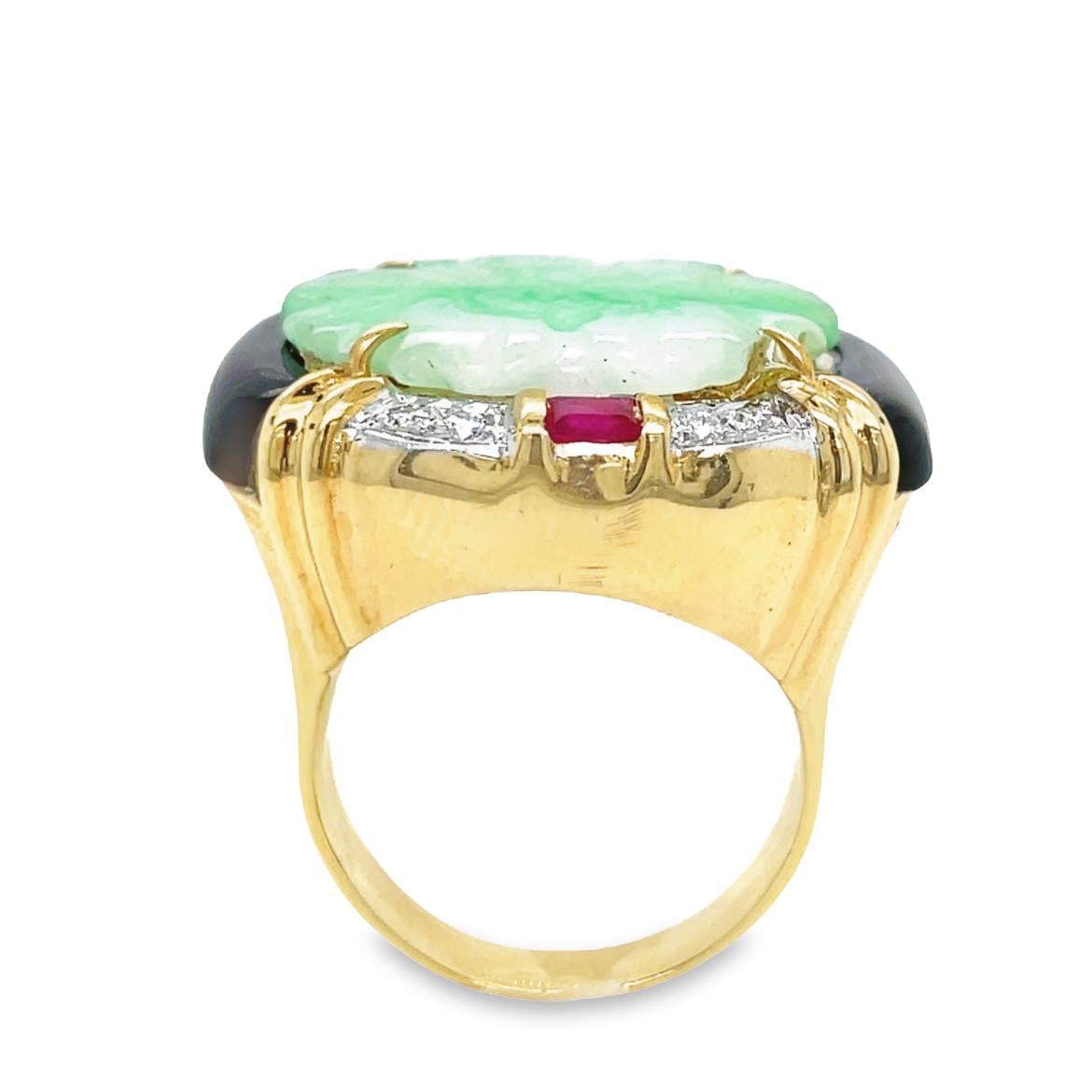 18K Yellow Gold Carved Jade, Diamond, Onyx Ruby Ring For Sale 3