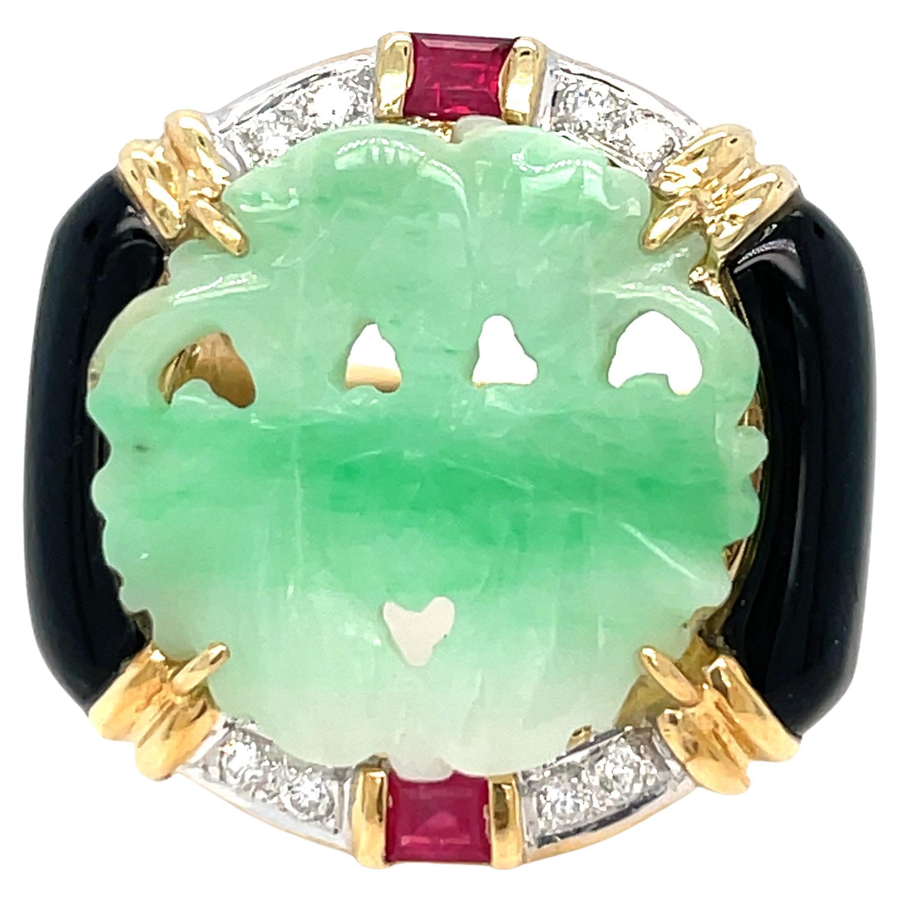 18K Yellow Gold Carved Jade, Diamond, Onyx Ruby Ring For Sale