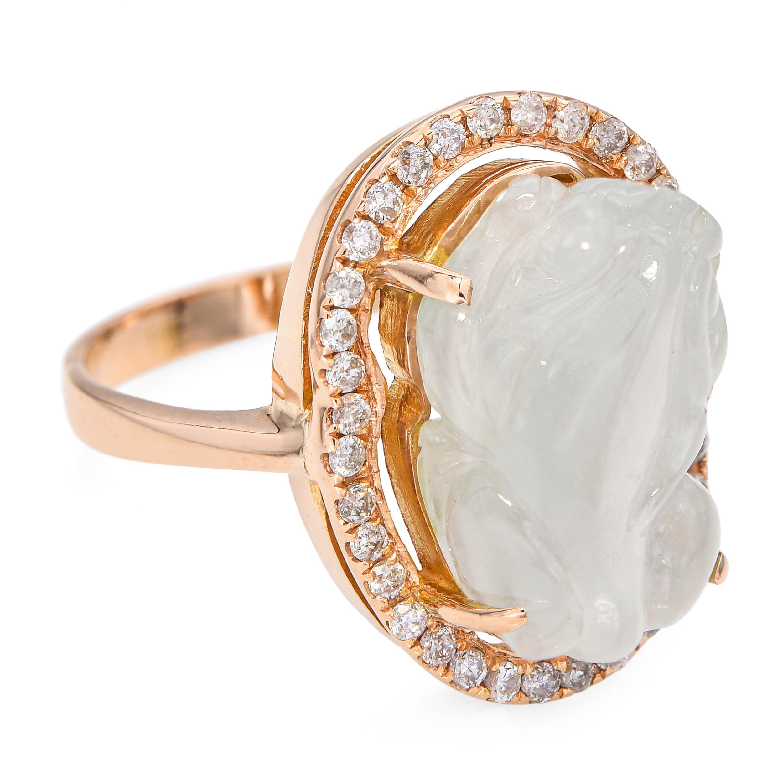 Ring aus 18k Gelbgold mit geschnitztem Jadefrosch und Diamant Damen im Angebot
