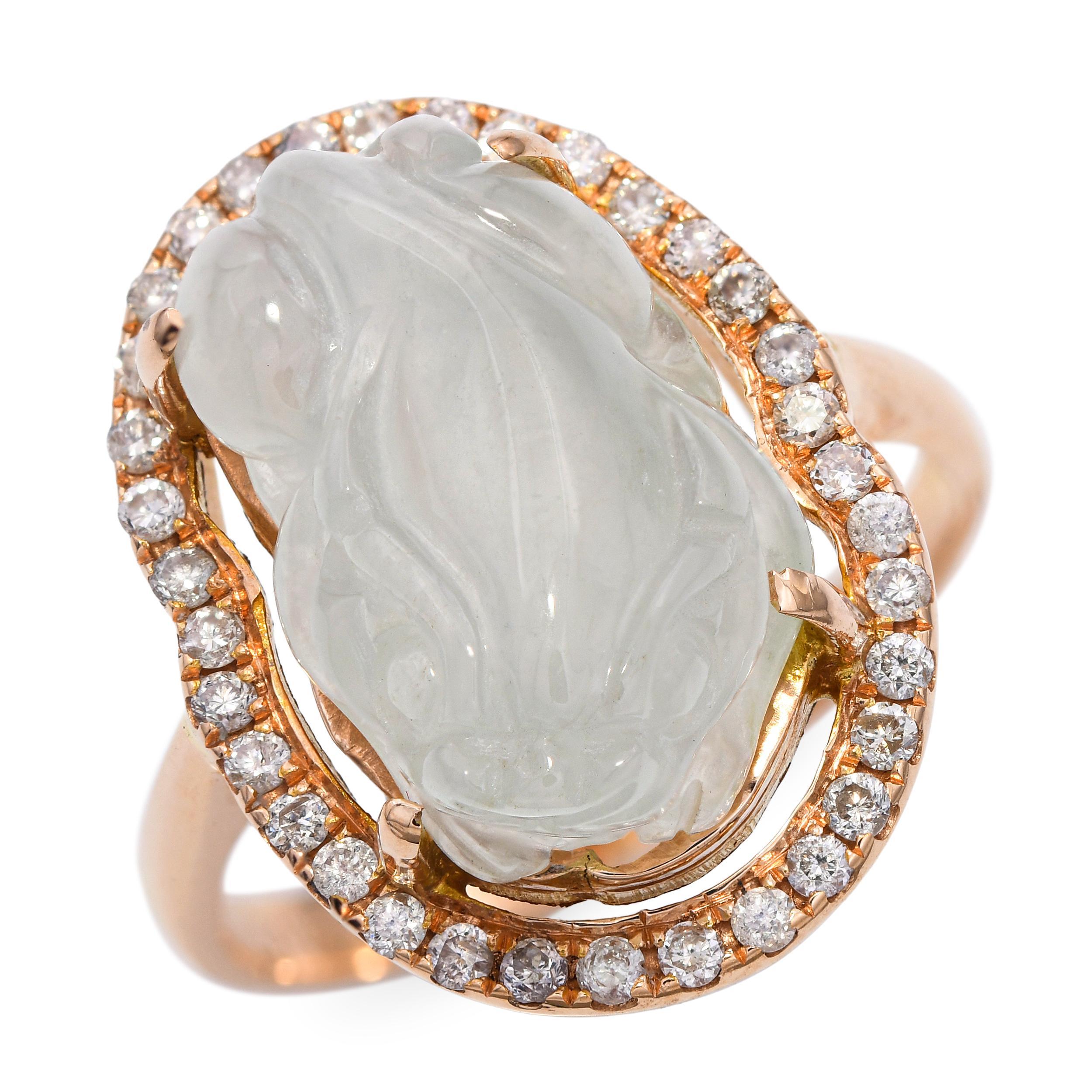 Ring aus 18k Gelbgold mit geschnitztem Jadefrosch und Diamant im Angebot 2