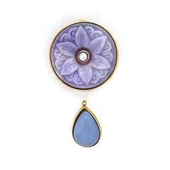 18K Yellow Gold Carved Lavender Jade Chalcedony Two Piece Drop Earrings