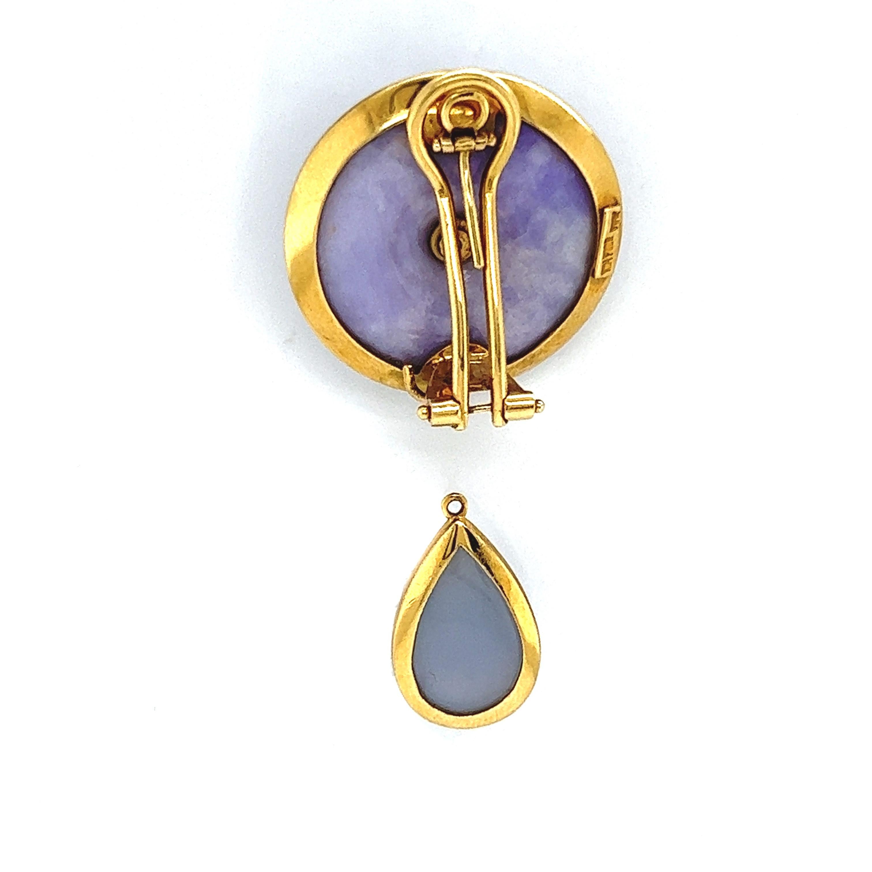 Modern 18K Yellow Gold Carved Lavender Jade Chalcedony Two Piece Drop Earrings For Sale