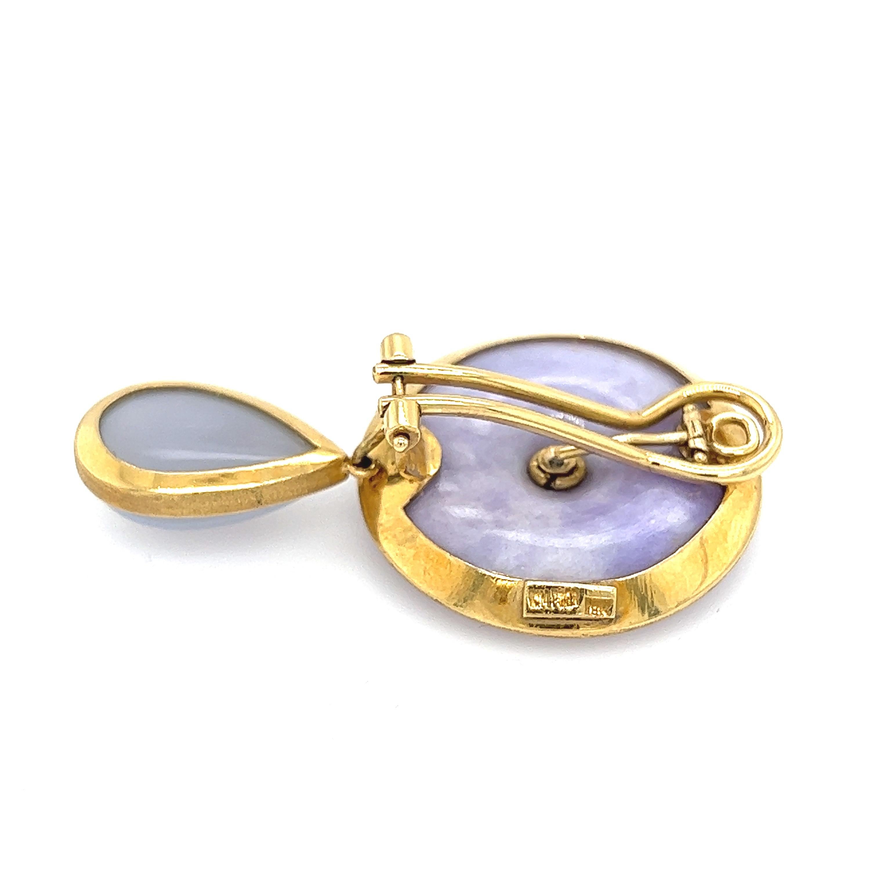 Pear Cut 18K Yellow Gold Carved Lavender Jade Chalcedony Two Piece Drop Earrings For Sale