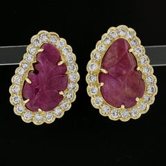 18k Yellow Gold Carved Leaf Ruby W/ 1.50ctw Diamond Halo Clip on Earrings