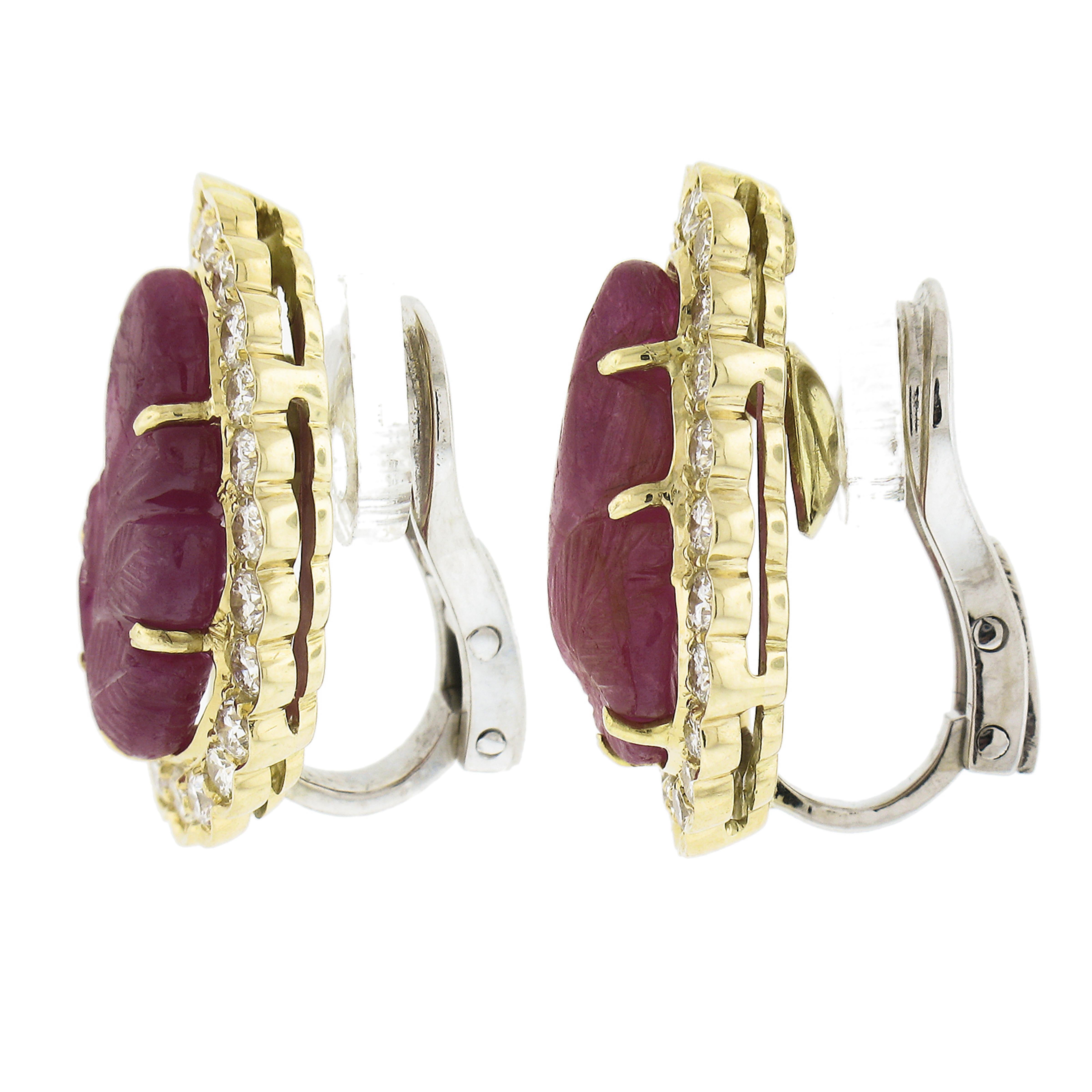 Round Cut 18k Yellow Gold Carved Leaf Ruby W/ 1.50ctw Diamond Halo Clip on Earrings For Sale