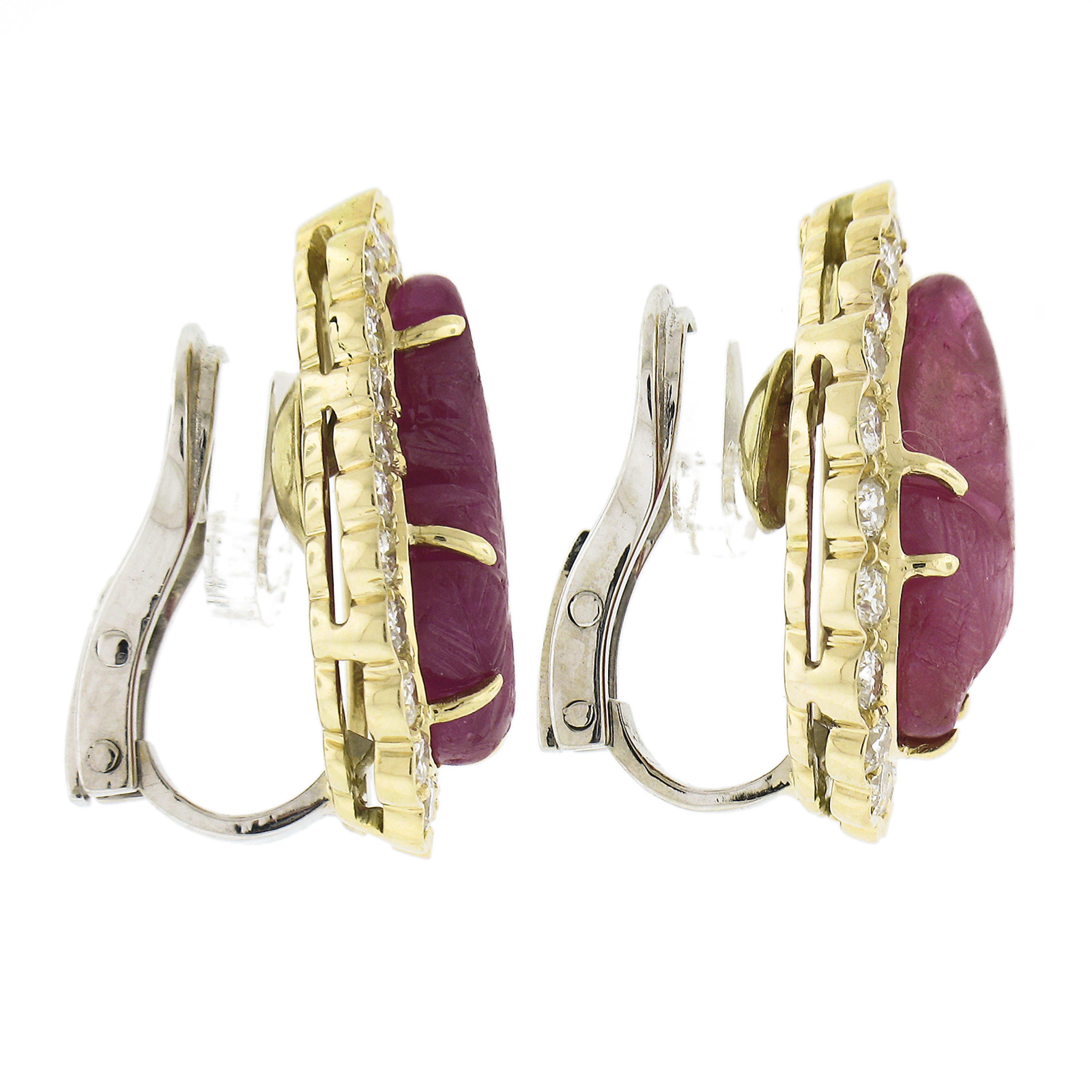 18k Yellow Gold Carved Leaf Ruby W/ 1.50ctw Diamond Halo Clip on Earrings In Excellent Condition For Sale In Montclair, NJ
