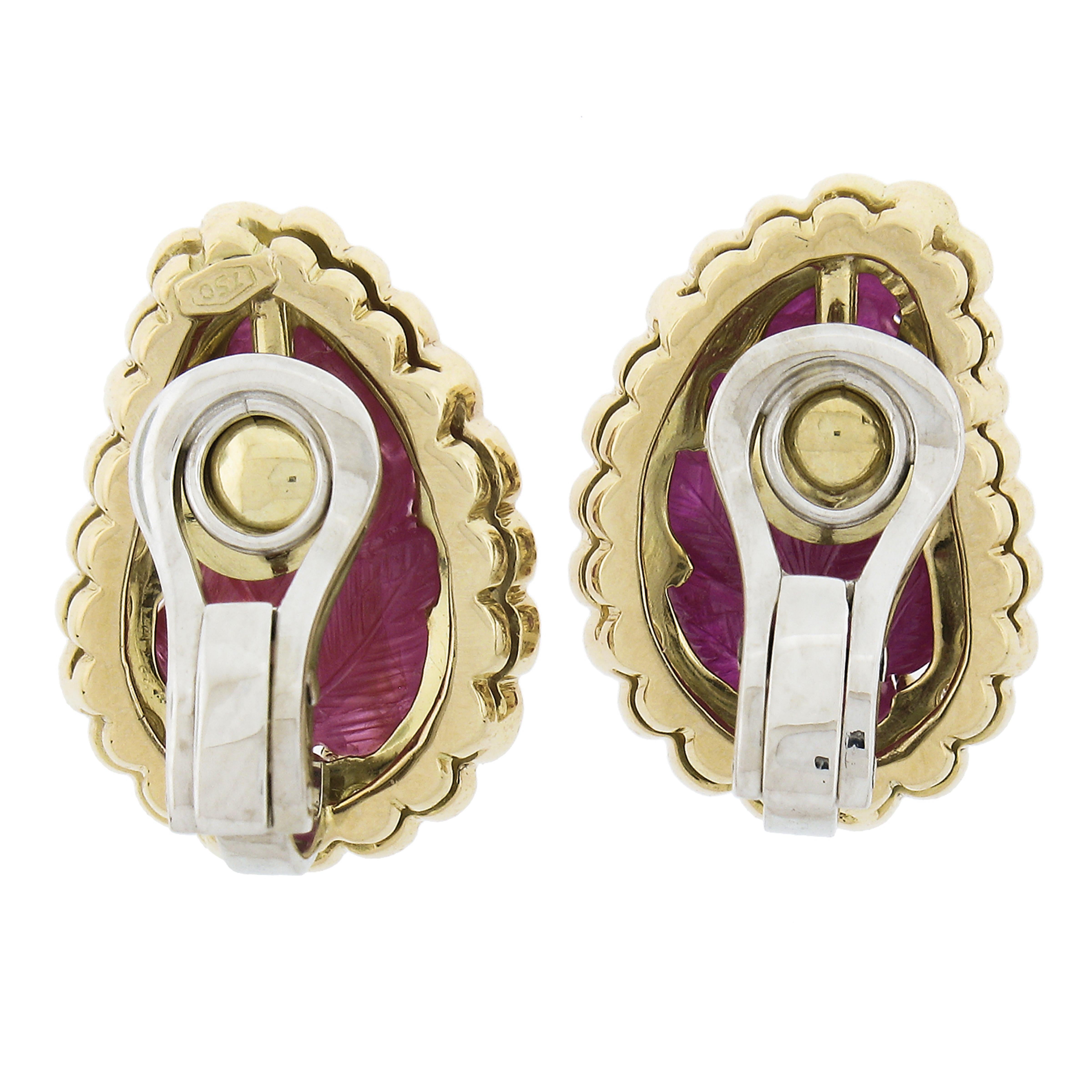 Women's 18k Yellow Gold Carved Leaf Ruby W/ 1.50ctw Diamond Halo Clip on Earrings For Sale