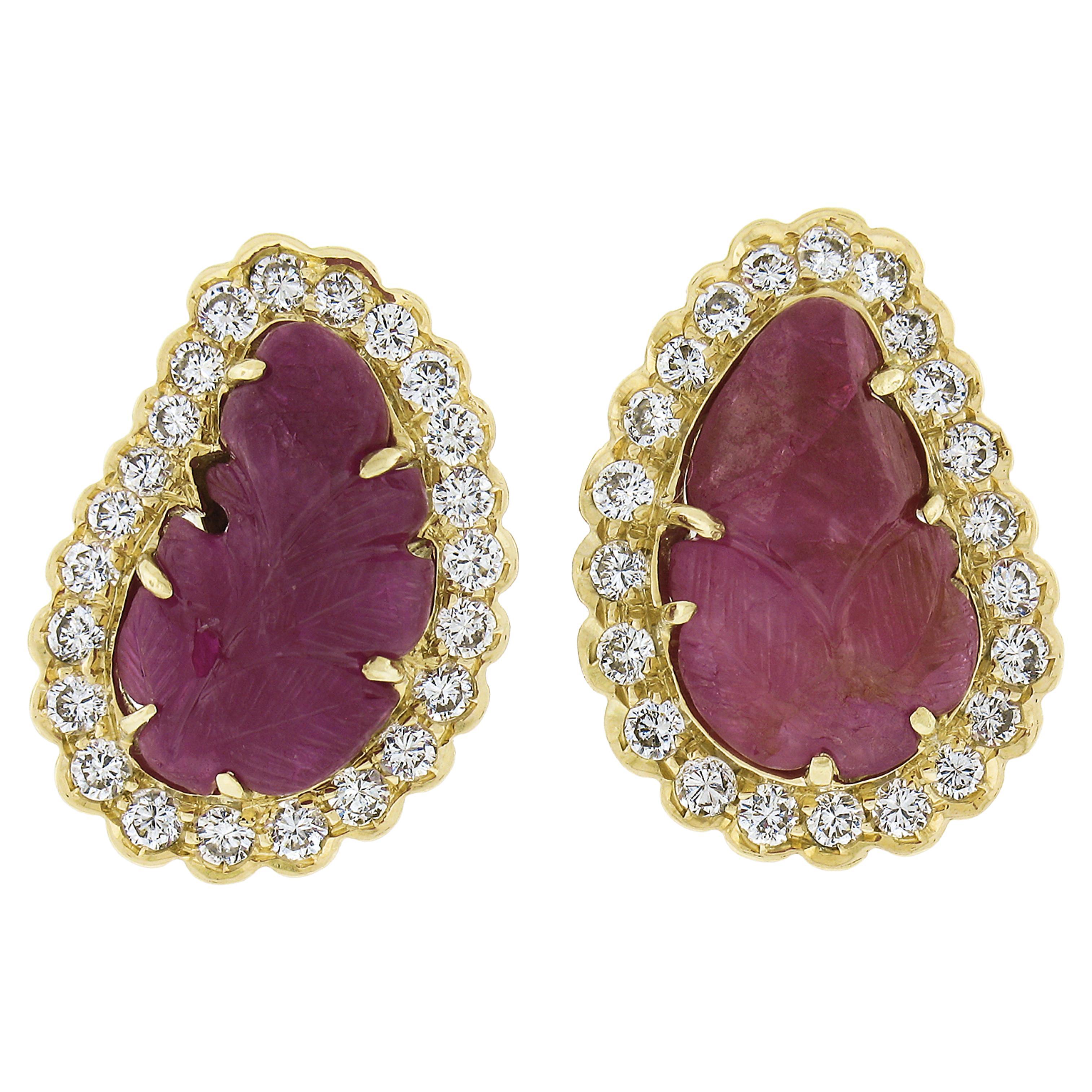 18k Yellow Gold Carved Leaf Ruby W/ 1.50ctw Diamond Halo Clip on Earrings For Sale