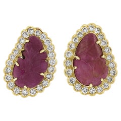 18k Yellow Gold Carved Leaf Ruby W/ 1.50ctw Diamond Halo Clip on Earrings