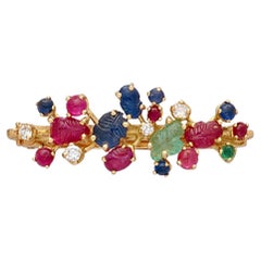 18k Yellow Gold & Carved Multi-Gemstone Tie Clip with Diamonds