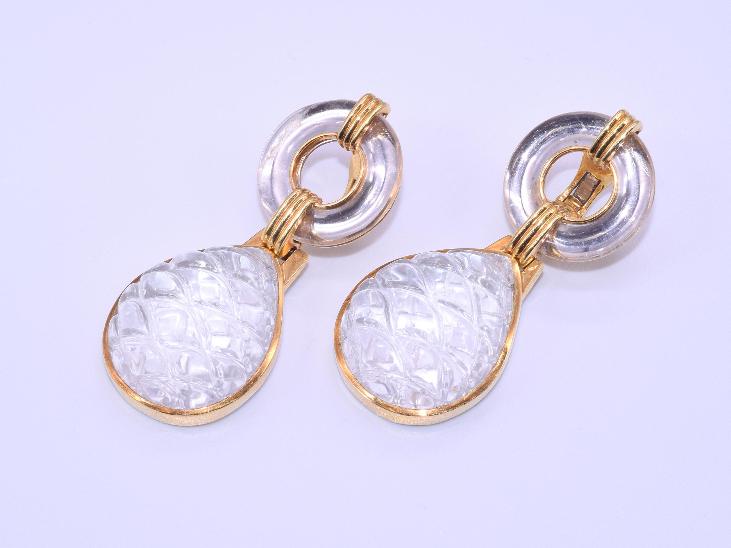 Women's or Men's 18 Karat Yellow Gold Carved Rock Crystal Drop Earrings by David Webb