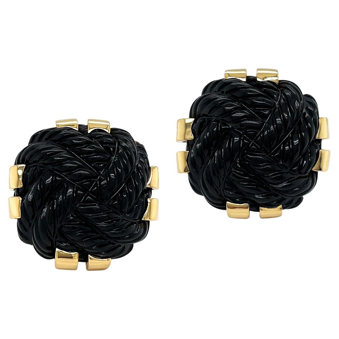 18K Yellow Gold Carved Square Black Onyx Earrings