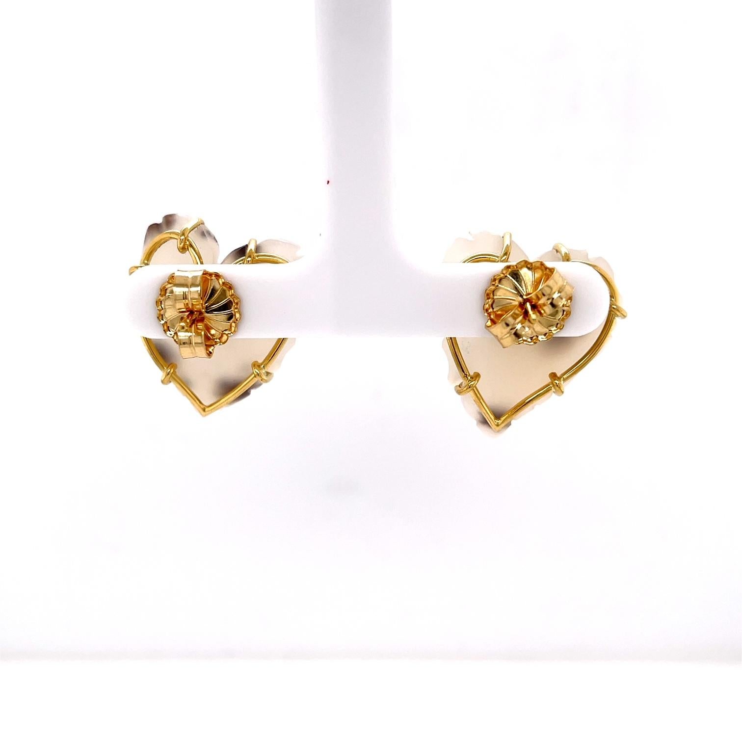 Uncut 18k Yellow Gold Carved White and Brown Druzy Heart Studs For Sale