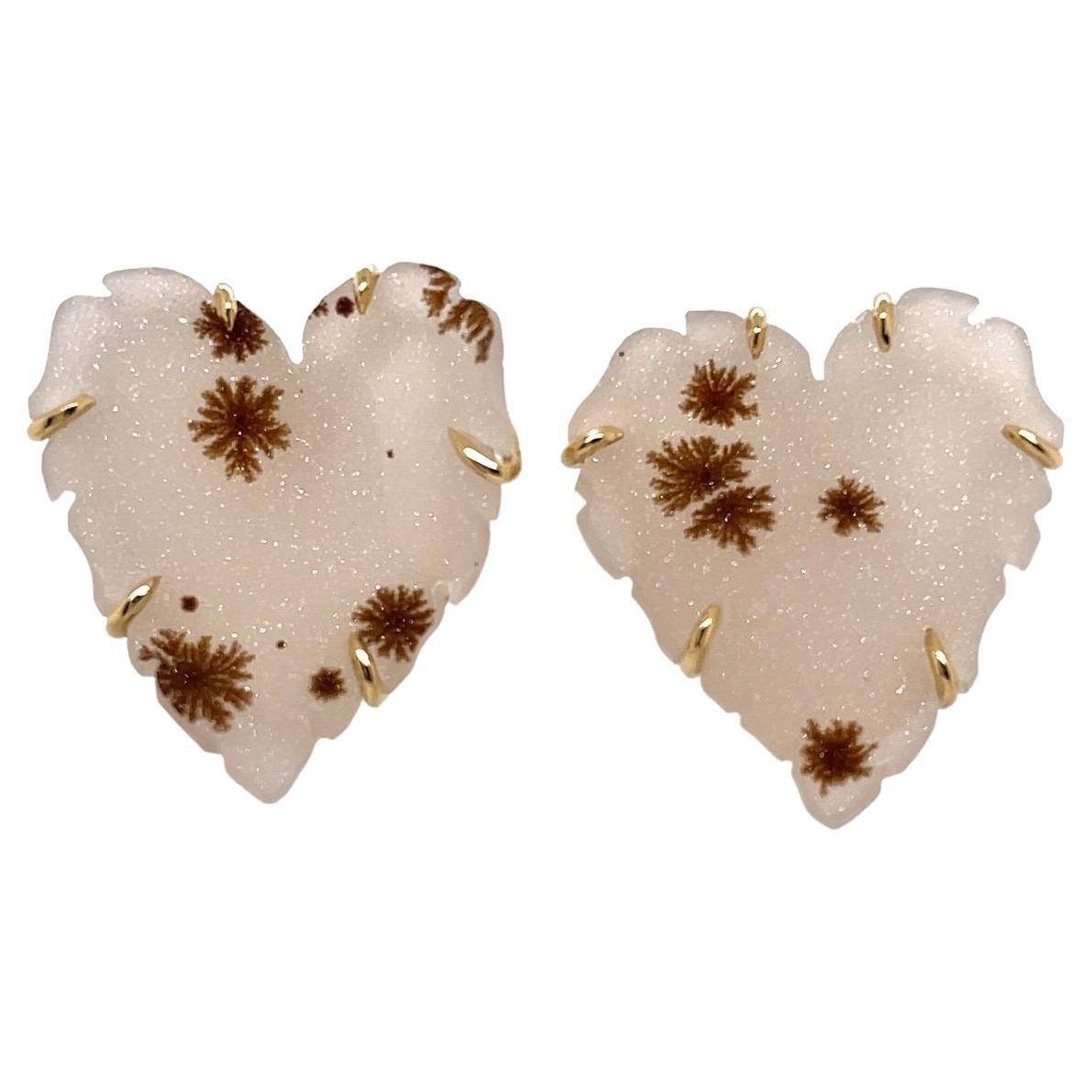 18k Yellow Gold Carved White and Brown Druzy Heart Studs