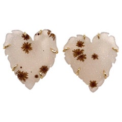 18k Yellow Gold Carved White and Brown Druzy Heart Studs