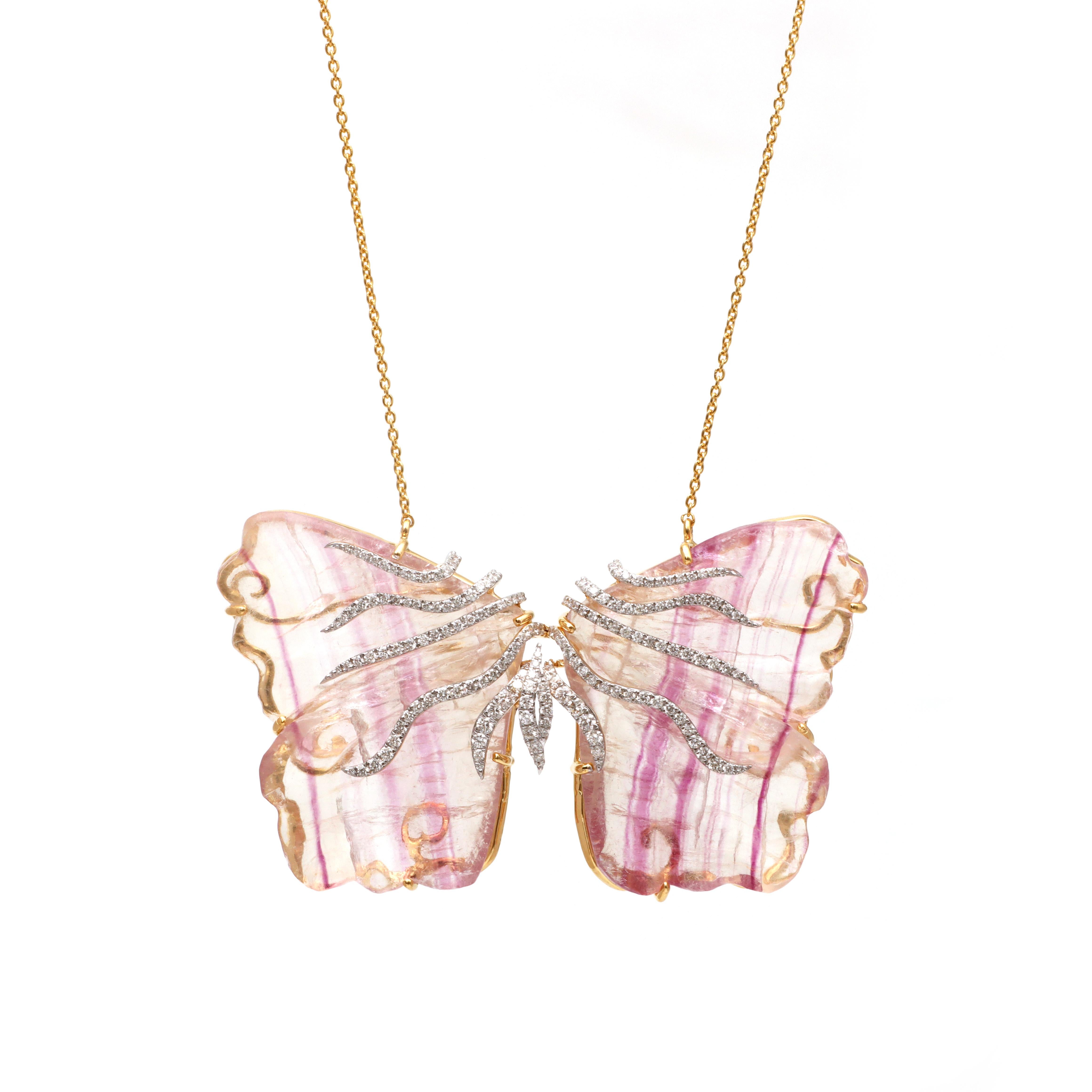 De las mujeres Collar Colgante Mariposa Tallada Oro Amarillo 18K, Collar Statement Para Ella en venta