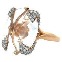 18k Yellow Gold Casato Diamond Prong & Large Faceted White Quartz Statement Ring