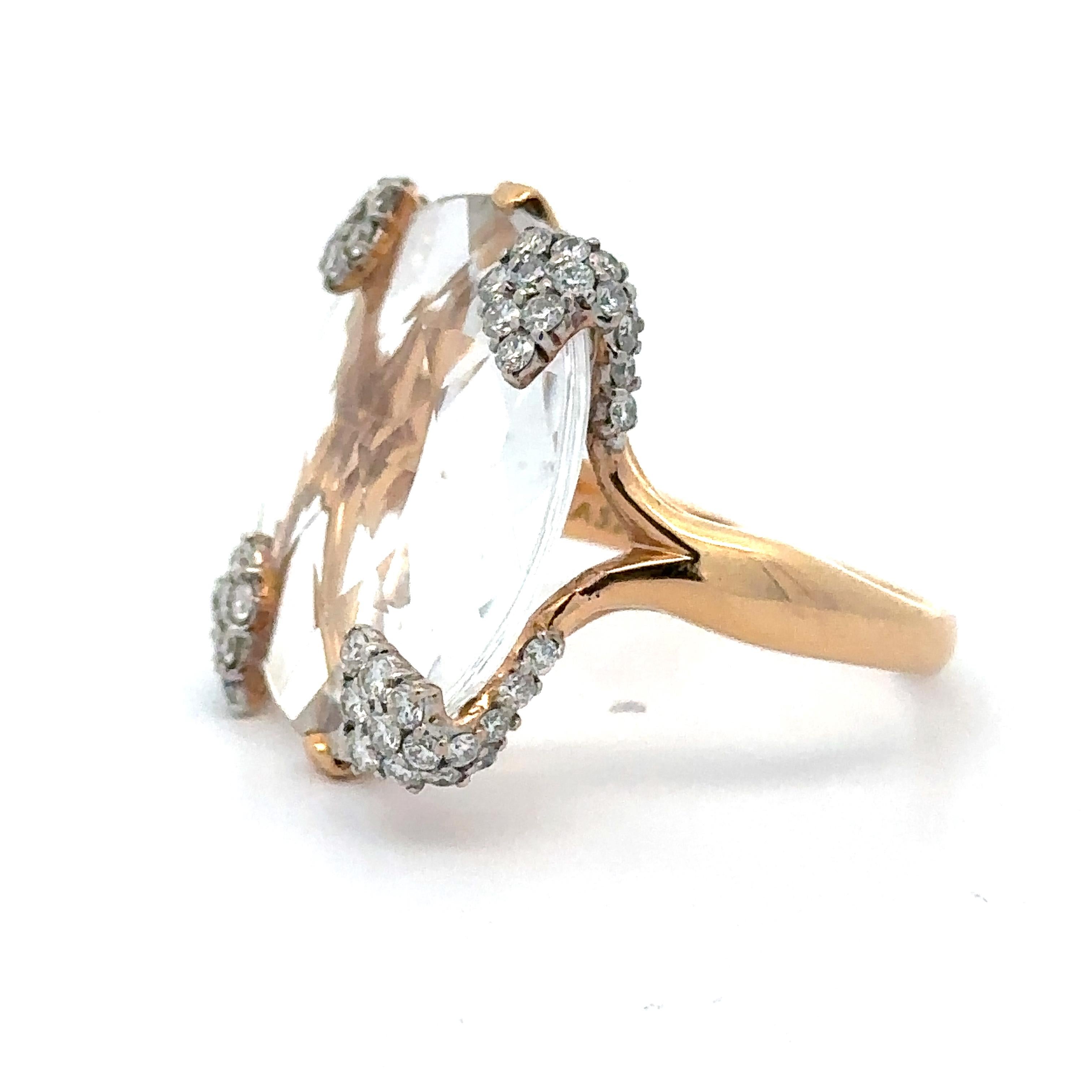 18k Yellow Gold Casato Diamond Prong & Large Faceted White Quartz Statement Ring For Sale 3