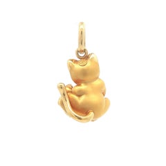 18k Yellow Gold Cat Kitten Playing w/ Pearl Ball Matte Puffed Charm Pendant