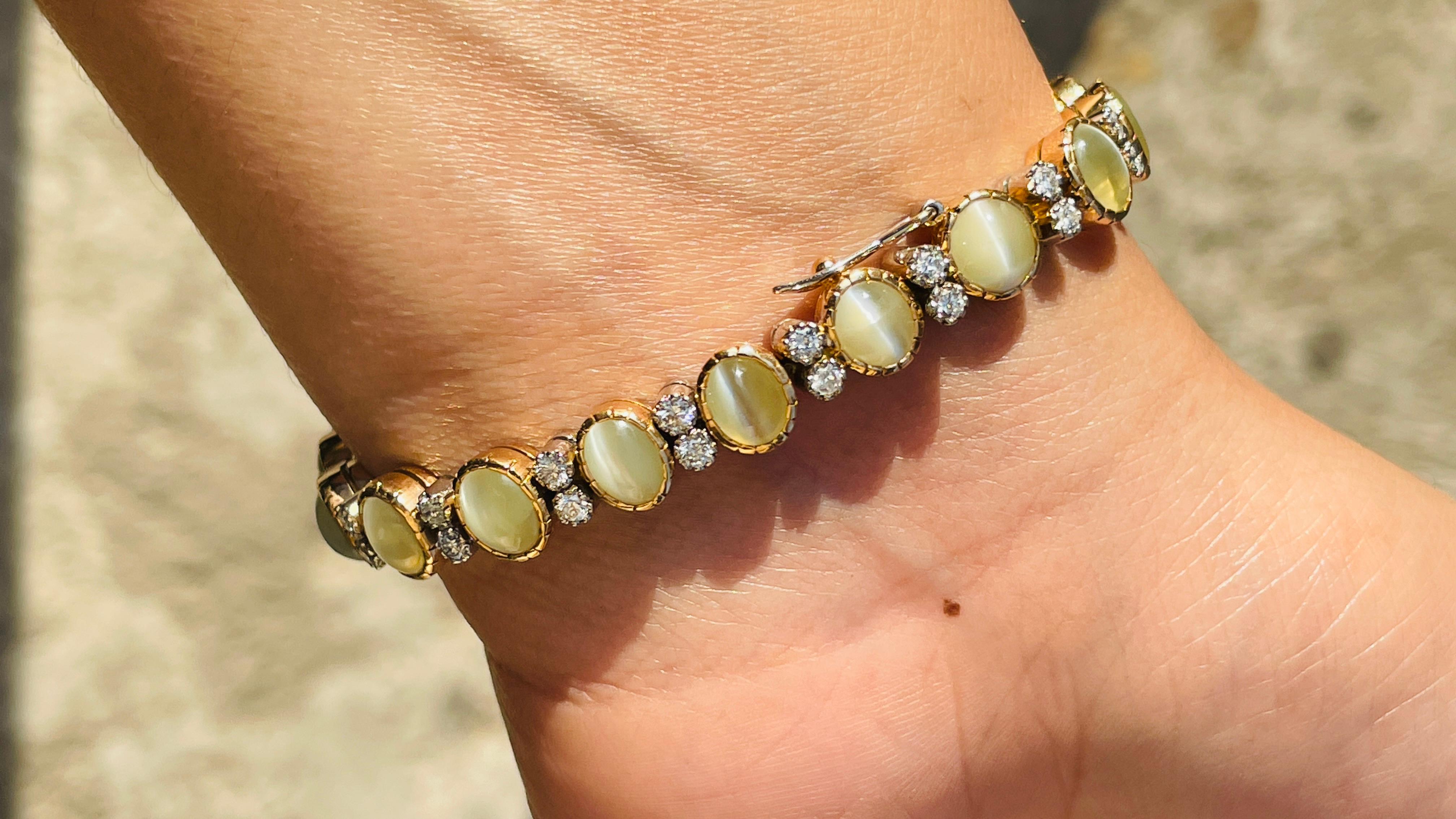 Pulsera de tenis de oro amarillo de 18 quilates con diamantes, talla oval y ojo de gato en venta 4