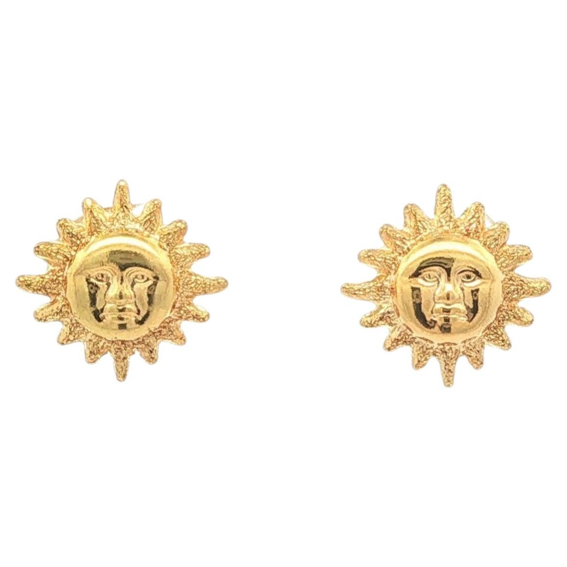 18k Yellow Gold Celestial Sun Face Dual Finish Puffed Stud Earrings