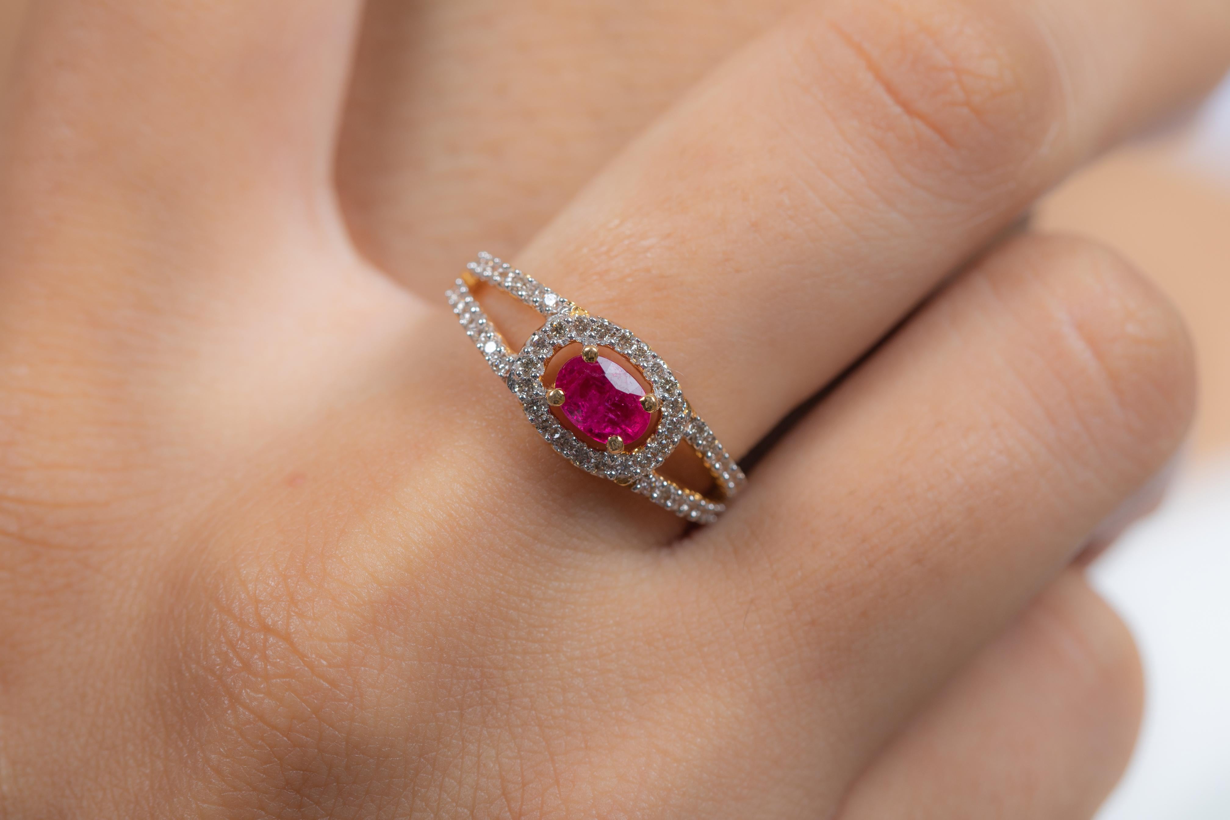 For Sale:  18K Yellow Gold Center Oval Cut Ruby Wedding Ring with Halo of Diamonds 2