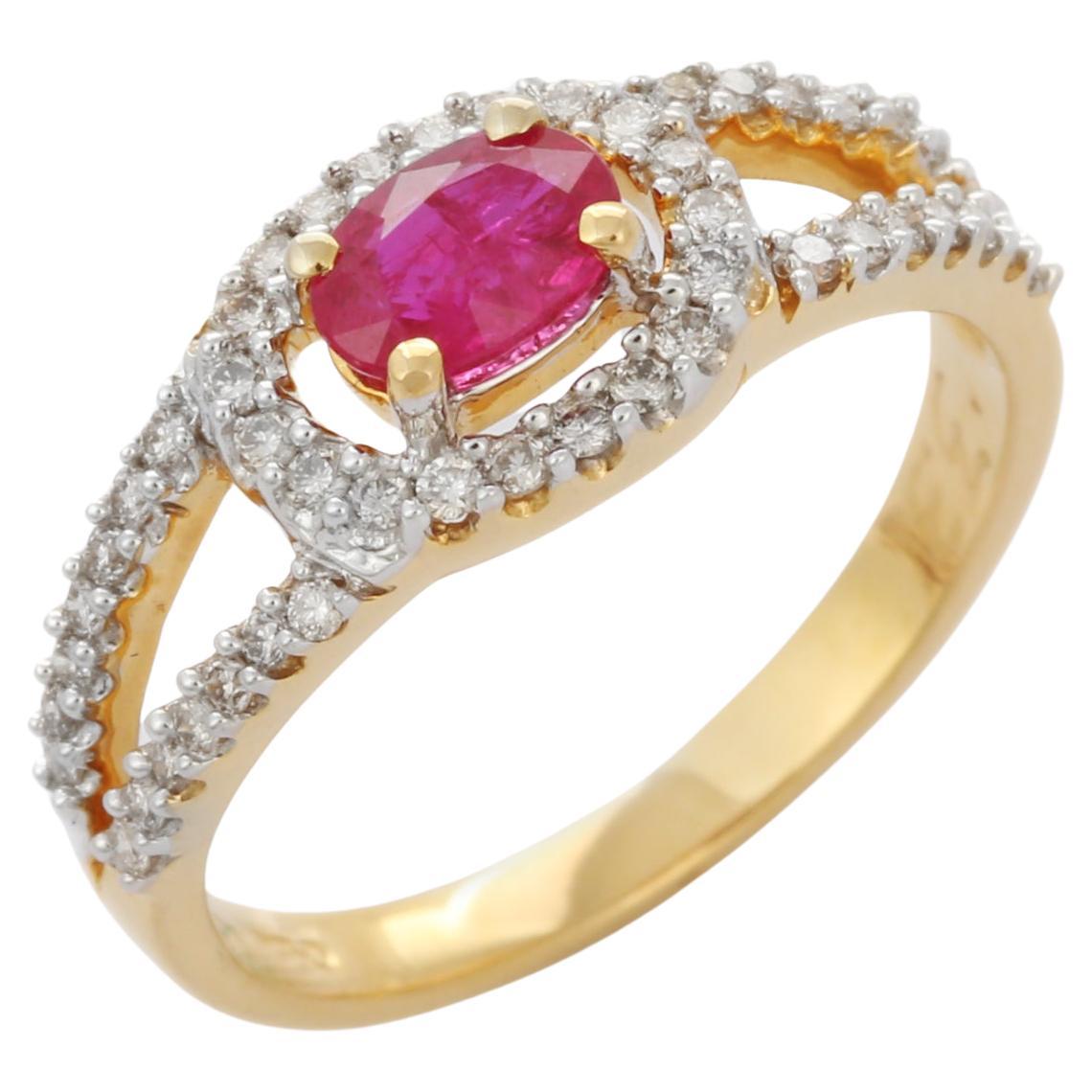 For Sale:  18K Yellow Gold Center Oval Cut Ruby Wedding Ring with Halo of Diamonds 3