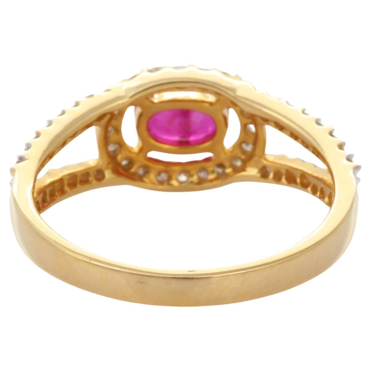 For Sale:  18K Yellow Gold Center Oval Cut Ruby Wedding Ring with Halo of Diamonds 5