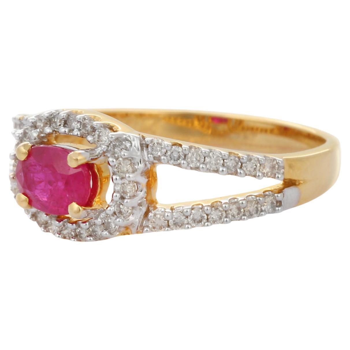 For Sale:  18K Yellow Gold Center Oval Cut Ruby Wedding Ring with Halo of Diamonds 6