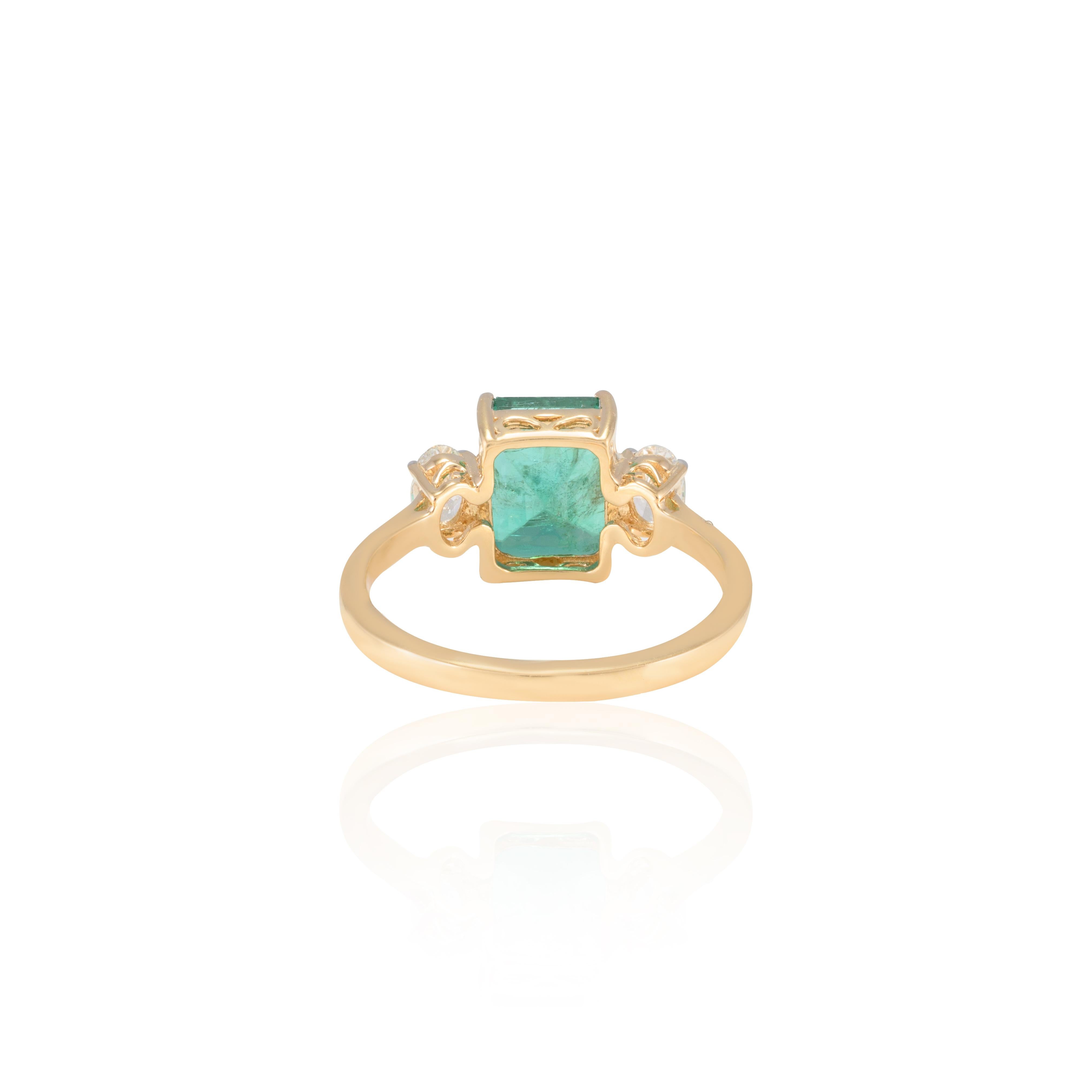 For Sale:  18k Yellow Gold Certified 2.87 CTW Octagon Emerald and Diamond Three Stone Ring 5