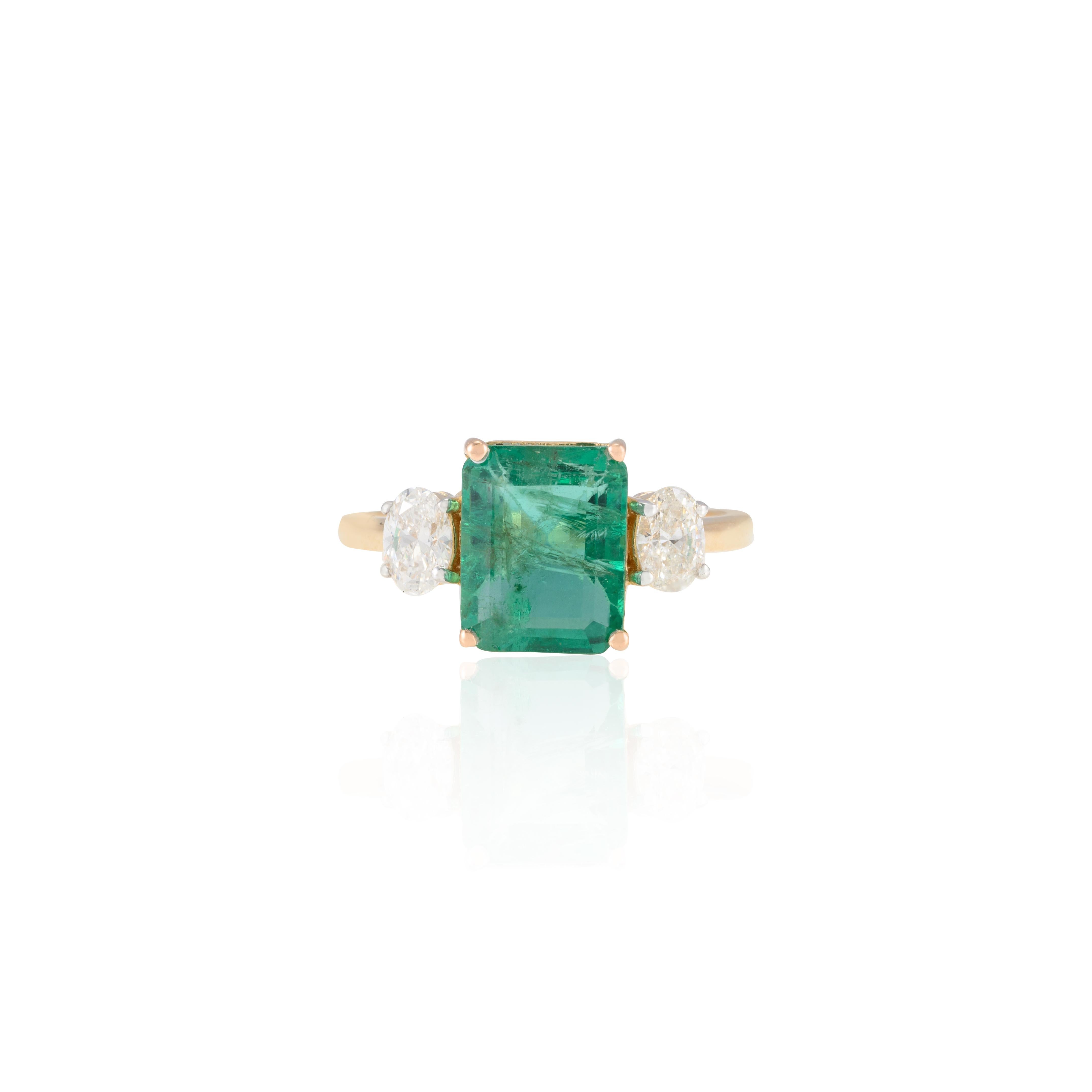 For Sale:  18k Yellow Gold Certified 2.87 CTW Octagon Emerald and Diamond Three Stone Ring 7