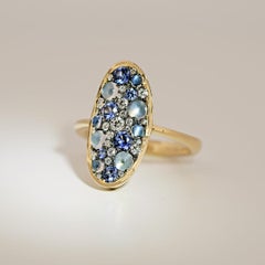 18K Yellow Gold Ceylon Moonstone Blue Sapphire Diamond Pavé Mosaic Ring