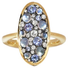 18K Yellow Gold Ceylon Moonstone Blue Sapphire Diamond Pavé Mosaic Ring