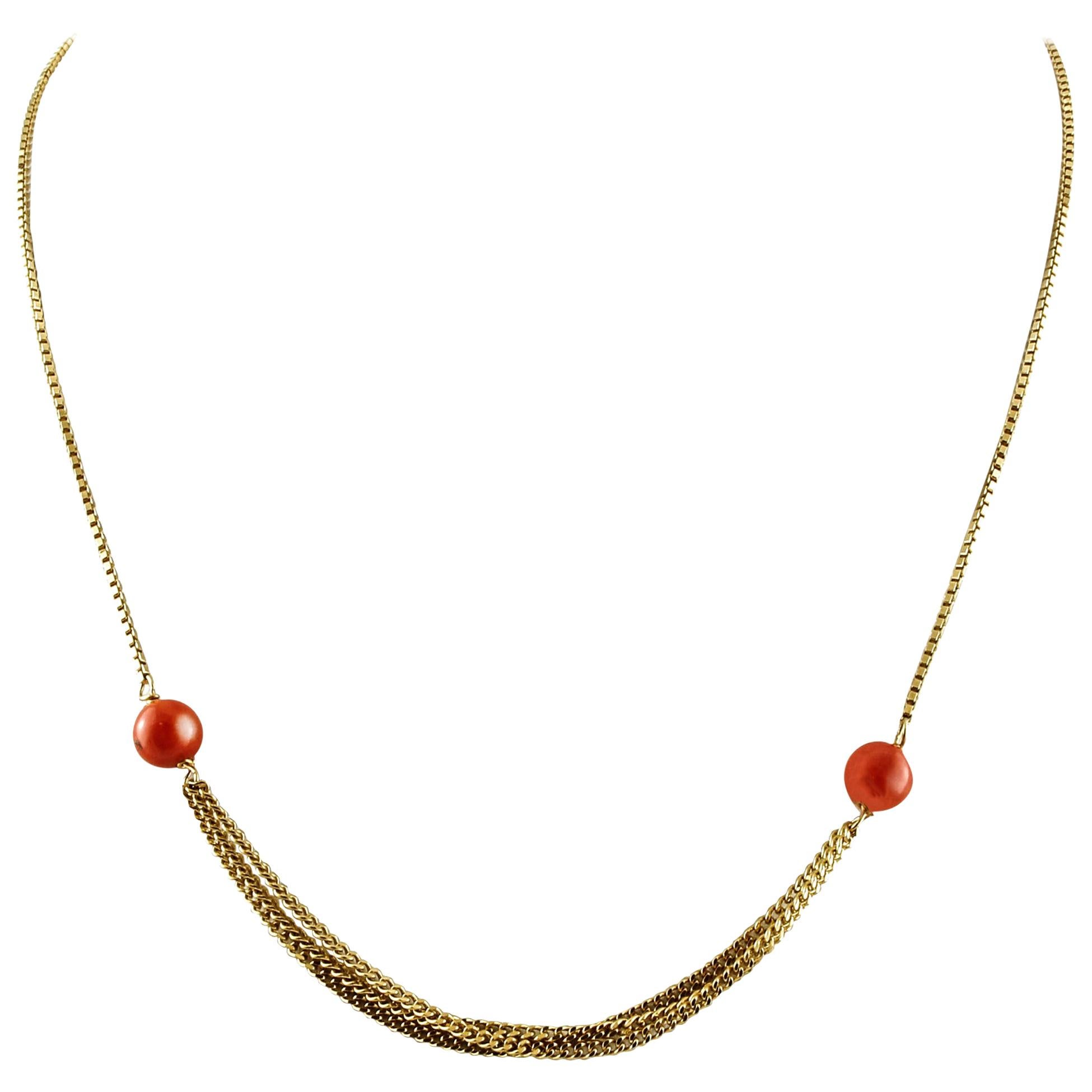18 Karat Yellow Gold Chain and Red Spheres Coral Retrò Necklace