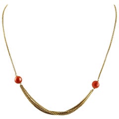 18 Karat Yellow Gold Chain and Red Spheres Coral Retrò Necklace