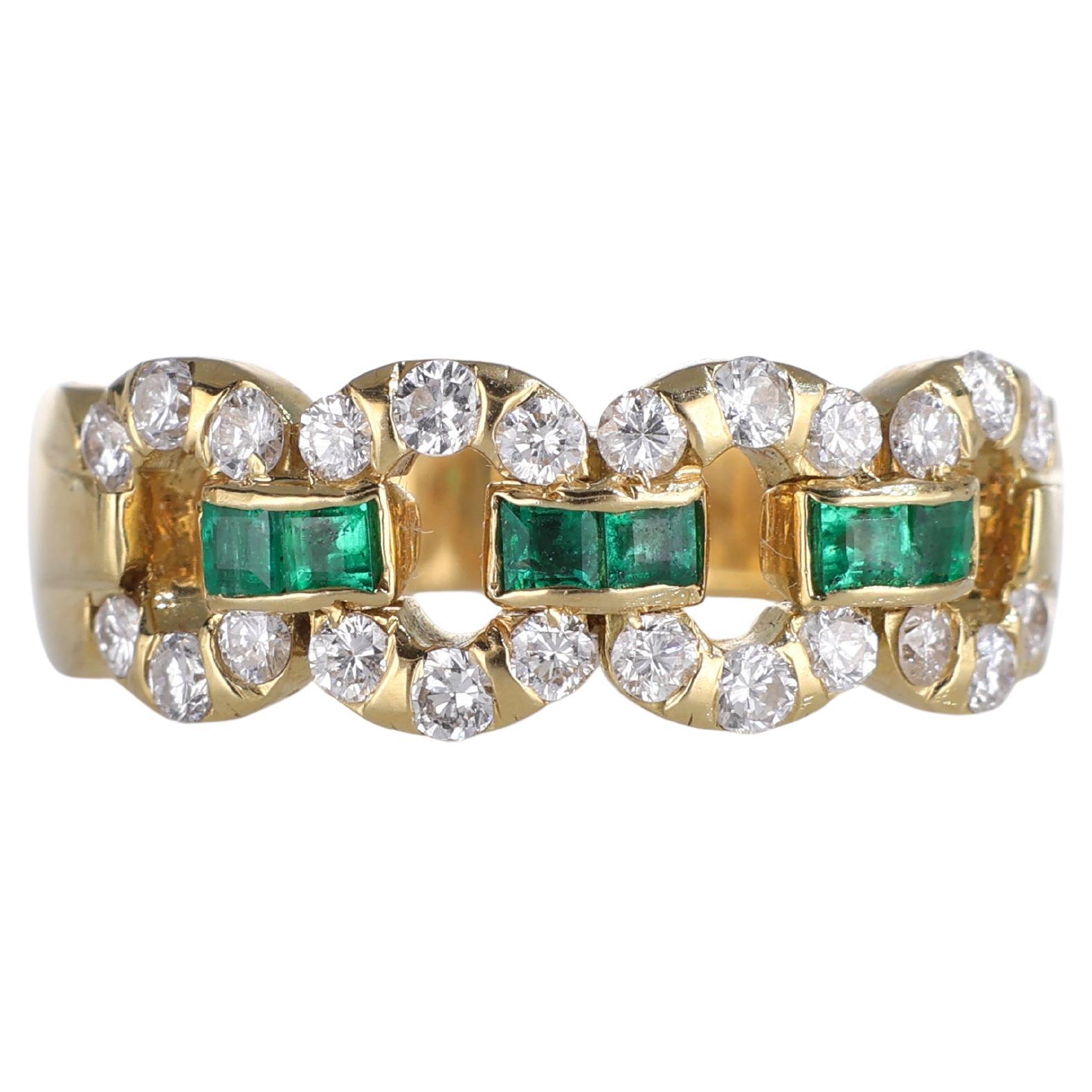 18k Yellow Gold Chain Design Ring with Emeralds and Diamonds