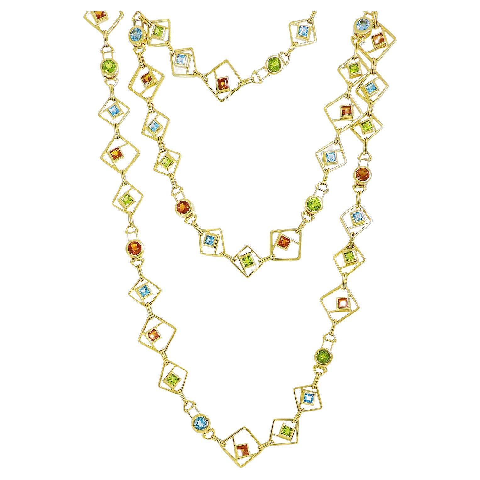 18K Yellow Gold Chain Faceted Peridot, Blue Topaz, and Citrine Necklace