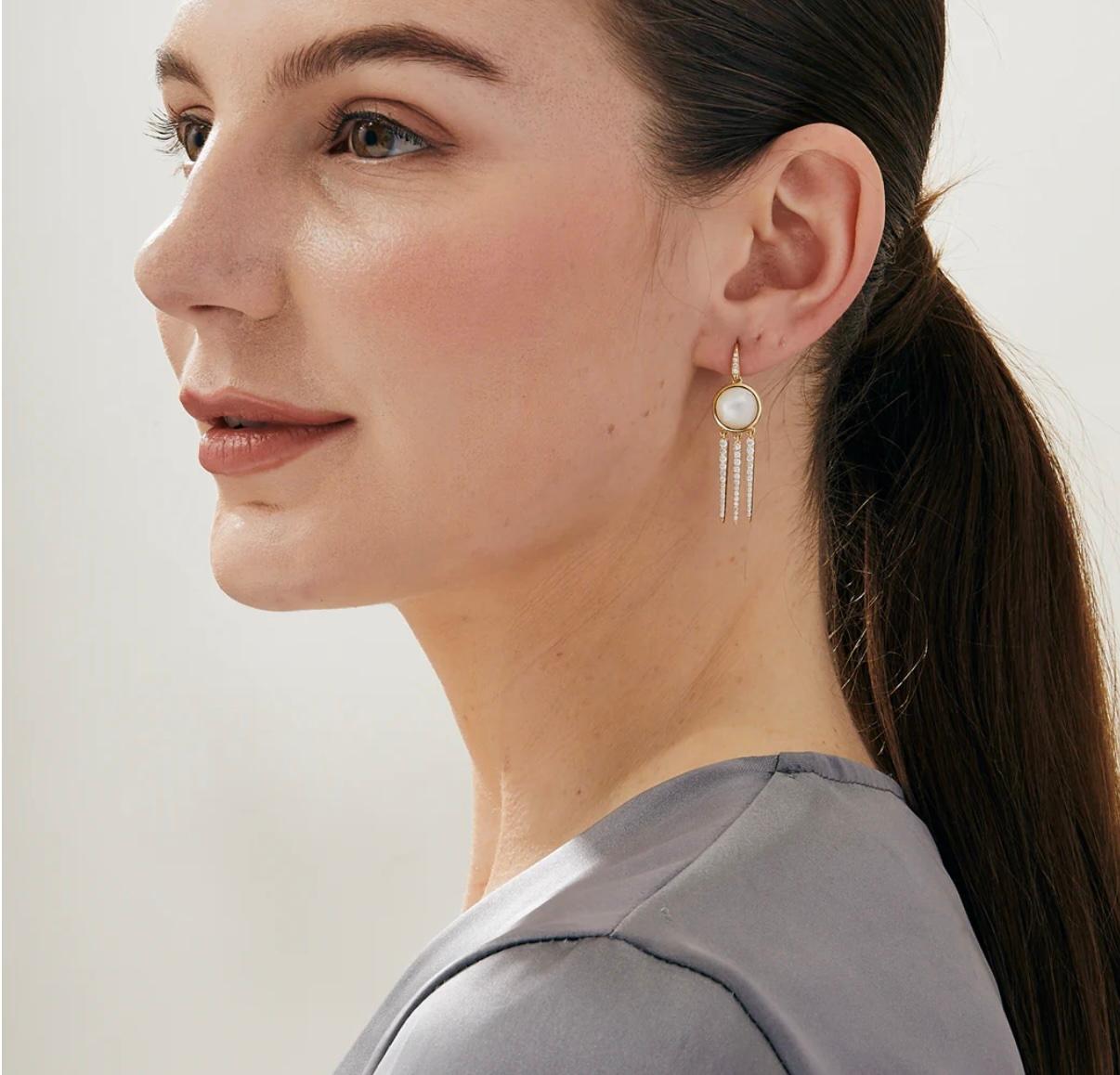 Modern 18K Yellow Gold Chakra Mother of Pearl and Diamond Earrings For Sale