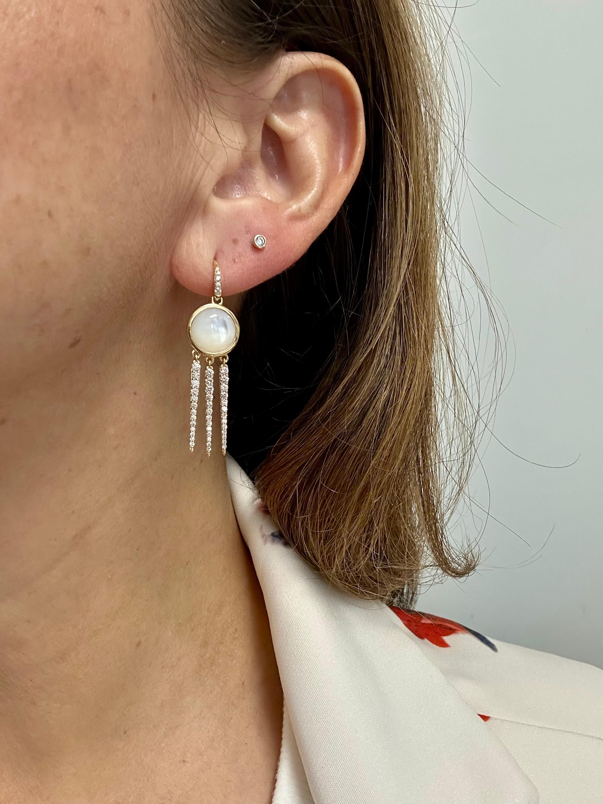 Brilliant Cut 18K Yellow Gold Chakra Mother of Pearl and Diamond Earrings For Sale