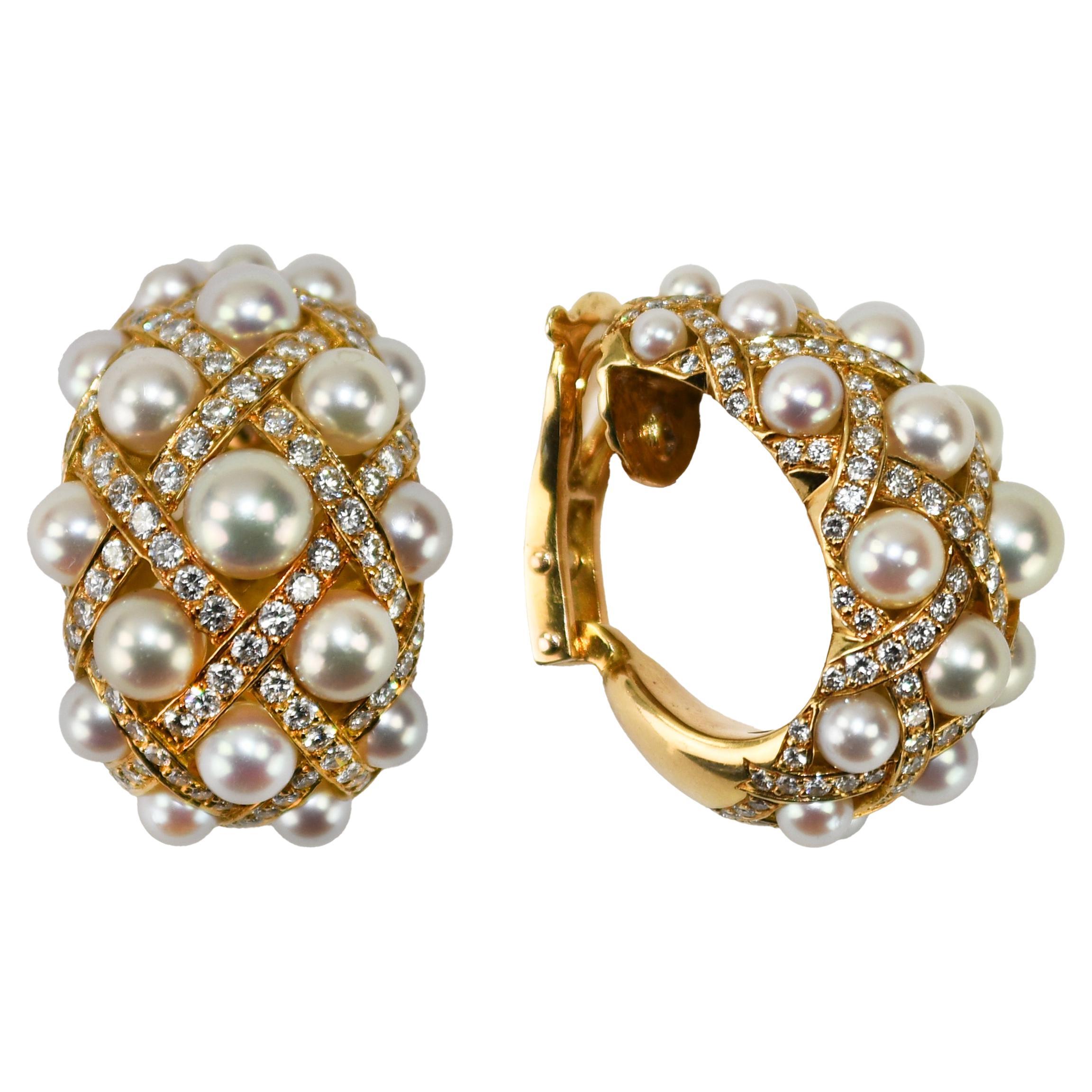 18K Yellow Gold Chanel Pearl 
Diamond Maltese Earrings 28.2g For Sale